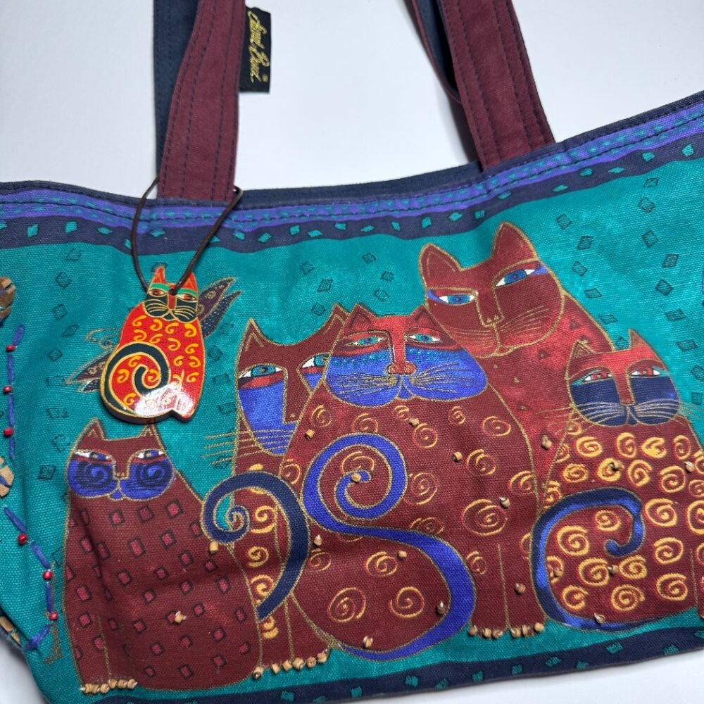 Laurel Burch Cat Feline Shoulder Tote Bag Beaded Sun N Sand Zipper Colorful Art - Picture 9 of 16